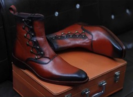 Handmade Men&#39;s Genuine Calf Leather Maroon Lace up High Ankle Boots US 5-15 - £119.46 GBP+