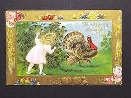 Thanksgiving Greetings Gold Embossed Little Girl Peeking Turkey c1910s Postcard - £7.86 GBP