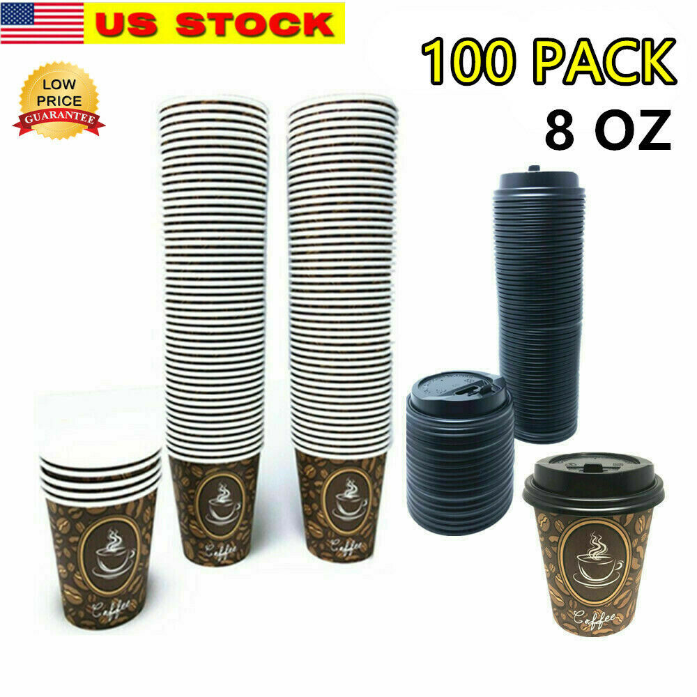 Primary image for 100 Pack Quality Disposable Paper Hot Coffee Tea Cups with Lids- 8oz  USA SELLER