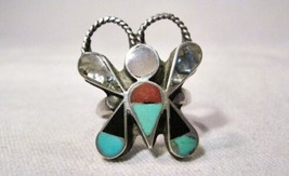Vintage Sterling Silver Zuni Multi Stone Inlay Butterfly Ring Size 6.25 K102 - £111.51 GBP