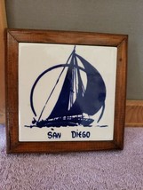 Ceramic Tile in Wood Frame Trivet San Diego CA Sailing Sailboat Ship FS - £23.36 GBP