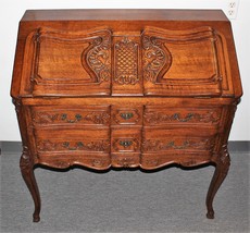 French Drop Front Carved Solid Oak Secretary Bureau Desk with Key - £1,438.84 GBP