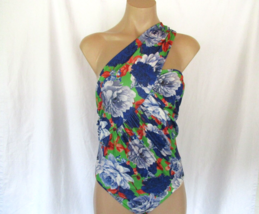 Zara bodysuit one shoulder ruched Medium blue tropical flowers New - $23.47