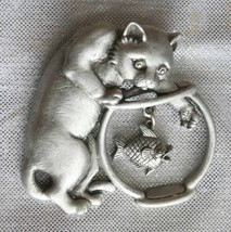 Cute JJ Cat Reaching into Fish Bowl Silver-tone Brooch 1980s vintage - £15.76 GBP