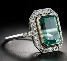 3ct Art Deco Simulated Aquamarine Emerald Cut Women Ring 14K White Gold Plated - £117.47 GBP