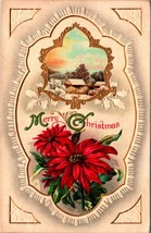 Merry Christmas Emboosed Gilt Pointsettia Cabin Snow Scene UNP Vtg Postcard - $7.08