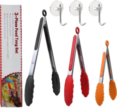 6 Pc Food Tong Set Stainless Steel Silicone Tips with Hooks 7 in, 9 in, ... - $12.99
