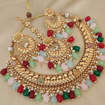 Gold Plated Indian Bollywood Style Kundan Necklace Multicolor Jewelry Set - £74.26 GBP