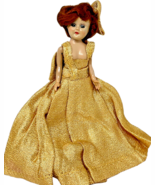 1950&#39;s Hard Plastic Doll Sleep Eyes Red Hair Gold Shimmer Gown Dress - 8... - €6,88 EUR