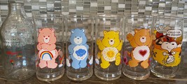 Care Bears 1983 Glasses Cheer Grumpy Funshine Peanuts Kellogg&#39;s Milk Bottle - £93.82 GBP