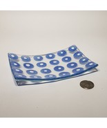 Rectangular Fused Art Glass Blue White Polkadot Design Trinket Dish Vani... - $32.95