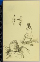 Vintage Pencil Sketch Drawing on Paper Mid Century Children Walking 1959 tob - £98.45 GBP