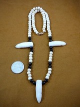 (G156-113) Three 1-5/8&quot; tooth TEETH Alligator blk wht aceh bovine bone NECKLACE - £50.23 GBP