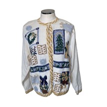 Cascade Blues Vintage Button Front Ugly Christmas Sweater w/fabric butto... - £19.71 GBP