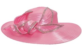 Pink Women Derby Hat Satin Ribbon Church Hat Kentucky Derby Hat Wide Brim - £70.16 GBP
