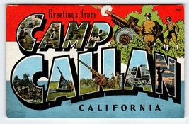 Greetings From Camp Callan California Large Big Letter Linen Postcard Jeep Tanks - $20.90