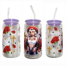 Chicana Roses Clear Glass Tumbler Cup 16 oz UV DTF Red Design Glass Straw - £13.93 GBP