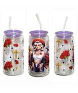 Chicana Roses Clear Glass Tumbler Cup 16 oz UV DTF Red Design Glass Straw - £13.94 GBP