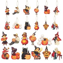 37Pcs Halloween Vintage Wooden Hanging Ornaments Traditional Pumpkin Black Cat W - £17.98 GBP