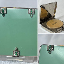 Art Deco Volupté Compact Green Enamel Rhinestones Square Mirror Powder Box - $128.65