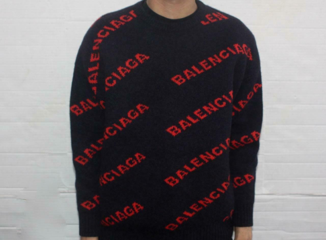 Balenciaga Navy Blue/ Red Logo Knitted Wool Sweater Logo Intarsia Jumper (XS) - $764.88