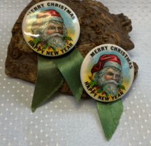 Vtg Merry Christmas Happy New Year Pins Santa Claus Buttons Green Ribbons - £23.94 GBP