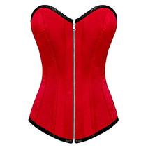 Red Satin Gothic Burlesque Corset Waist Training Long Overbust Bustier Costume - £48.74 GBP