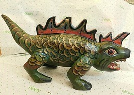 Mexican Polychrome Folk Art Hand Carved Painted Wooden Lizard Dragon Colorful - £163.64 GBP