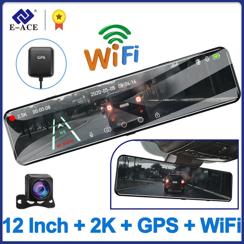 E-ACE 12 Inch IPS Touch Car DVR 2K Stream Medica Mirror Dash Cam Auto Recorder - £70.75 GBP+