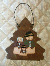  Rustic Metal Christmas Tree Ornament w/ Stencil Painted Snowman Family - £6.39 GBP