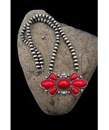 Southwest Navajo Pearl Style Faux Red Coral Cluster Pendant Beaded Necklace - £15.65 GBP