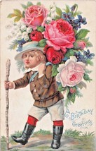 Edwardian Ragazzo Riporta Grande Bouquet Di Fiori Compleanno Auguri Cartolina - £5.05 GBP