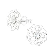 Silver Flower Filigree 925 Silver Stud Earrings with Crystals - £11.95 GBP