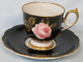 Royal Bayeruth Black Cup &amp; Saucer With Red Rose US Zone - $19.79