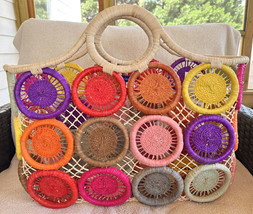 HAT ATTACK Large Medallion Straw Woven Basket Tote Bag Multi-color 18x15... - $169.99