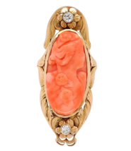 Art Nouveau 14k Gold Genuine Natural Coral Cameo Ring w/Diamonds Flowers #J6931 - $969.21