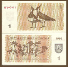 Lithuania P39, 1 Talonas Eurasian Lapwing birds /  clover, UNC 1992 $3 CV! - $1.99