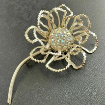 Vintage Flower Brooch Pin Iridescent Rhinestone Signed Sarah Cov Gold Tone Metal - £24.30 GBP