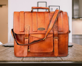  Genuine Vintage Leather Briefcase Messenger Laptop Satchel Brown Bag Crossbody  - £91.92 GBP