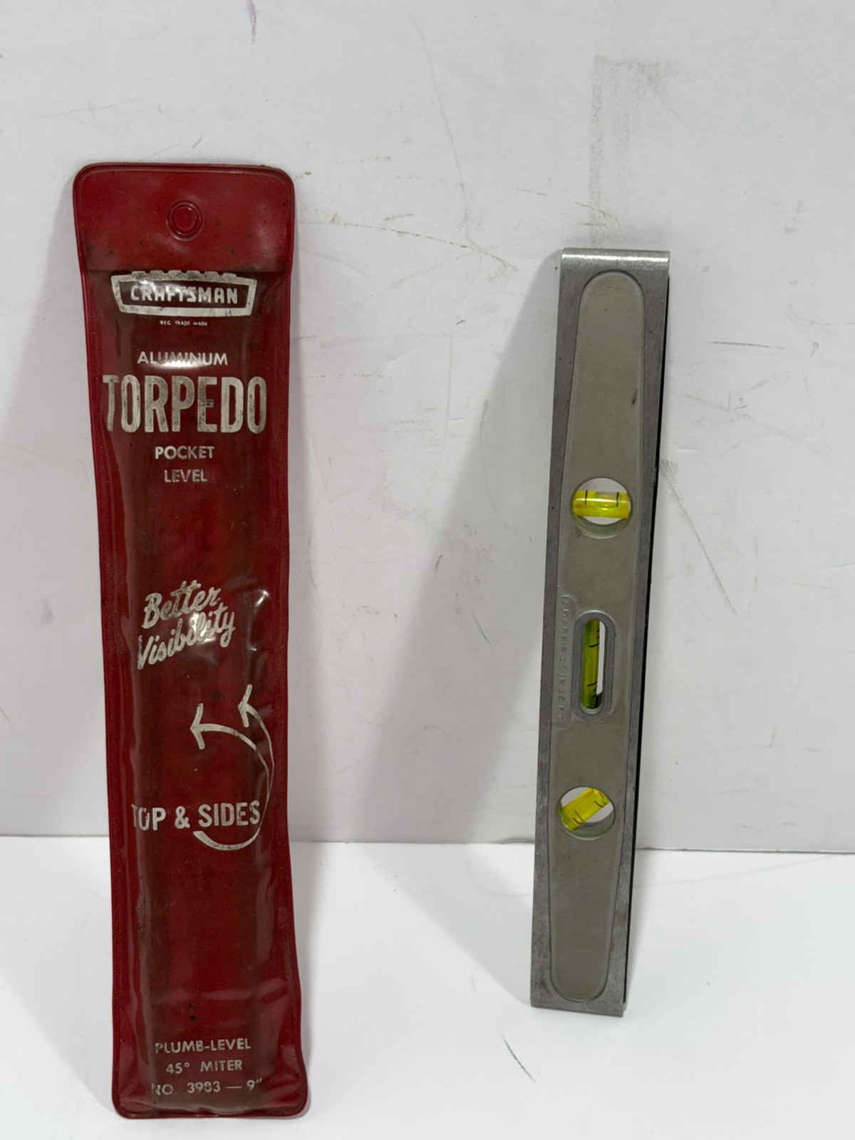 Vintage Craftsman Torpedo Level Aluminum 9&quot; W/ Sleeve #3983  USA Long&quot;C&quot; - $19.50
