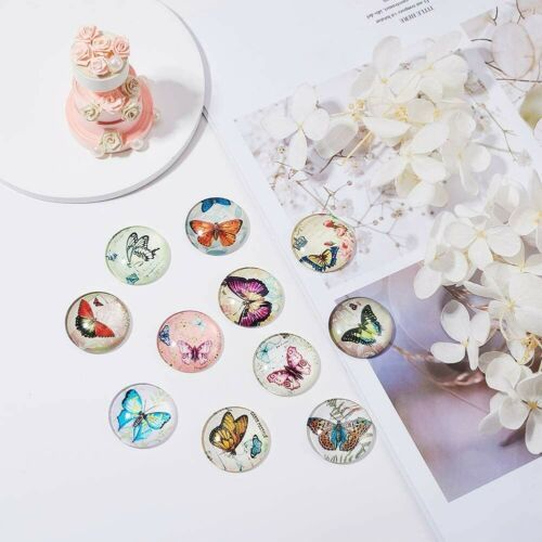 6 Butterfly Cabochons 25mm Circle Flat Domed Assorted Flatbacks Glass Lot