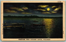 Generic Moonlit Lake Greetings From Richland Center WI Linen Postcard I1 - £5.41 GBP
