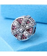 925 Sterling Silver Shimmering Gift with Red &amp; Clear CZ Button Charm  - £14.31 GBP