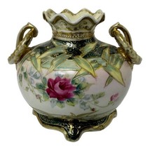 Vintage Victorian Nippon Hand Painted Gold Gilt Footed China Vase w/Pink... - $187.00