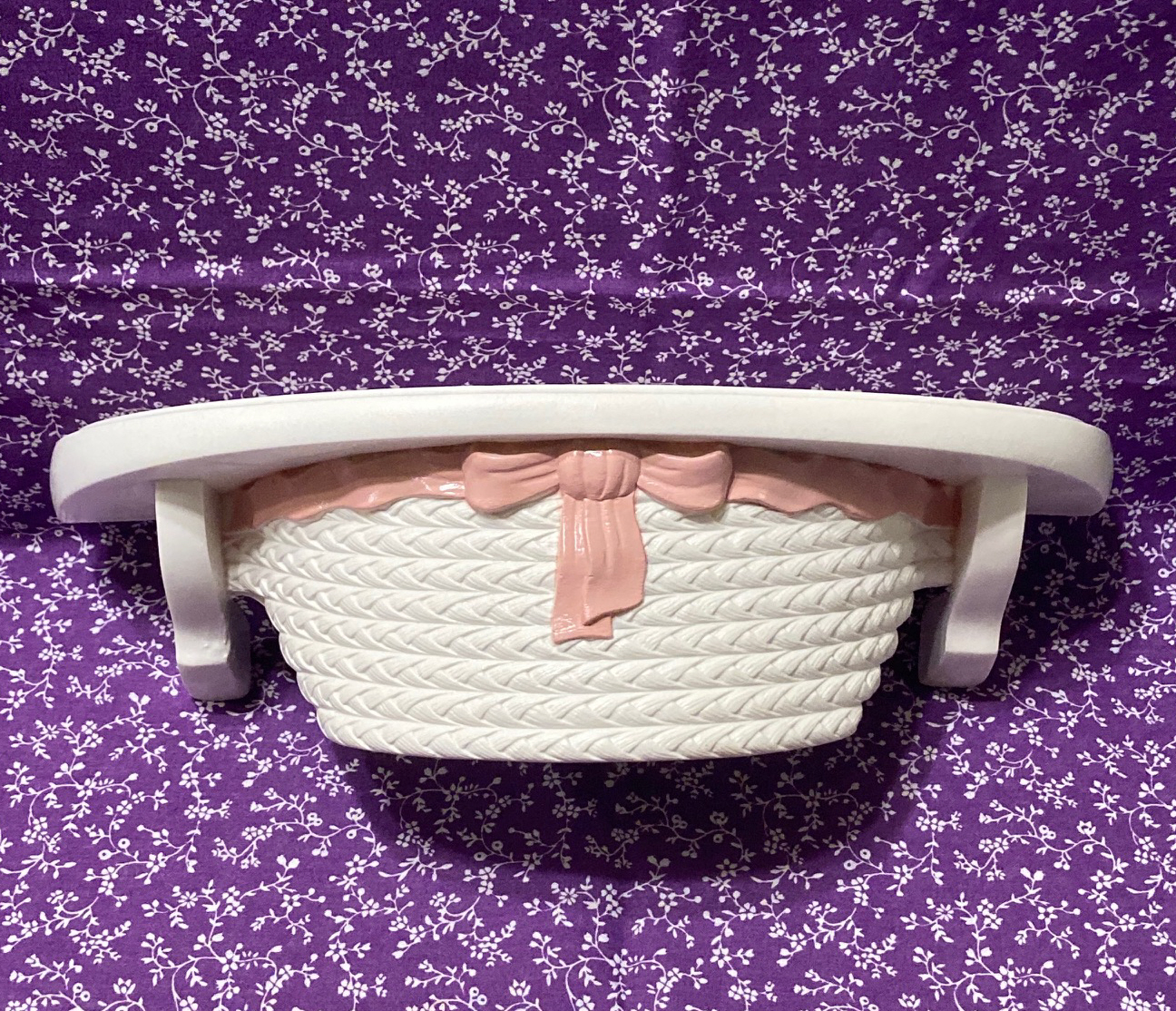 Vintage Burwood wall shelf white weave design with pink bow Home Interiors 1989 - $15.00
