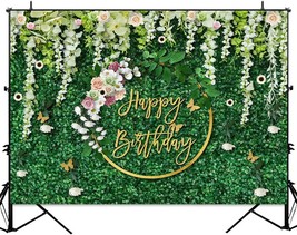 Happy Birthday Backdrop Green Grass and Flowers Wreath Photography Background Wo - £29.06 GBP