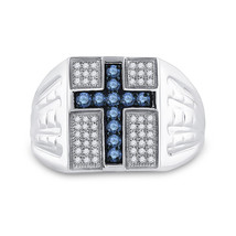 Sterling Silver Mens Round Blue Color Enhanced Diamond Cross Religious Ring - £234.46 GBP