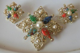 Vintage Signed Sarah Coventry Gold-tone Jeweled Brooch &amp; Clip Earrings - £43.79 GBP