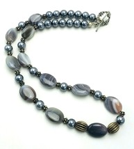 Polished Gray Agate Pearl Antiqued Silver Tone Beaded Necklace - £17.06 GBP
