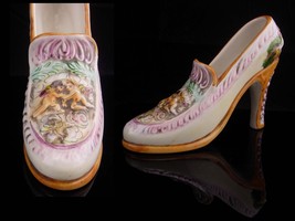Vintage capodimonte Shoe / victorian cherubs / original sticker / Birthd... - $55.00